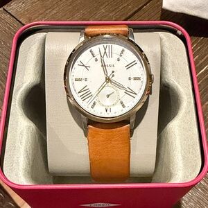 Fossil White Dial with Brown Leather Strap Watch